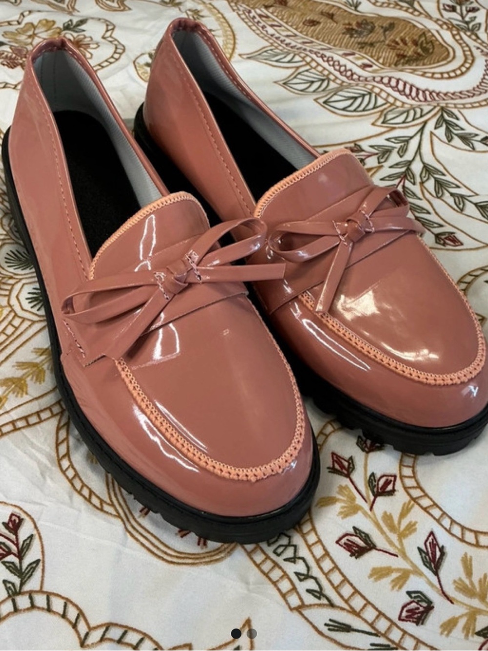 SHEIN Patent Pink Bow Loafers with Black Sole